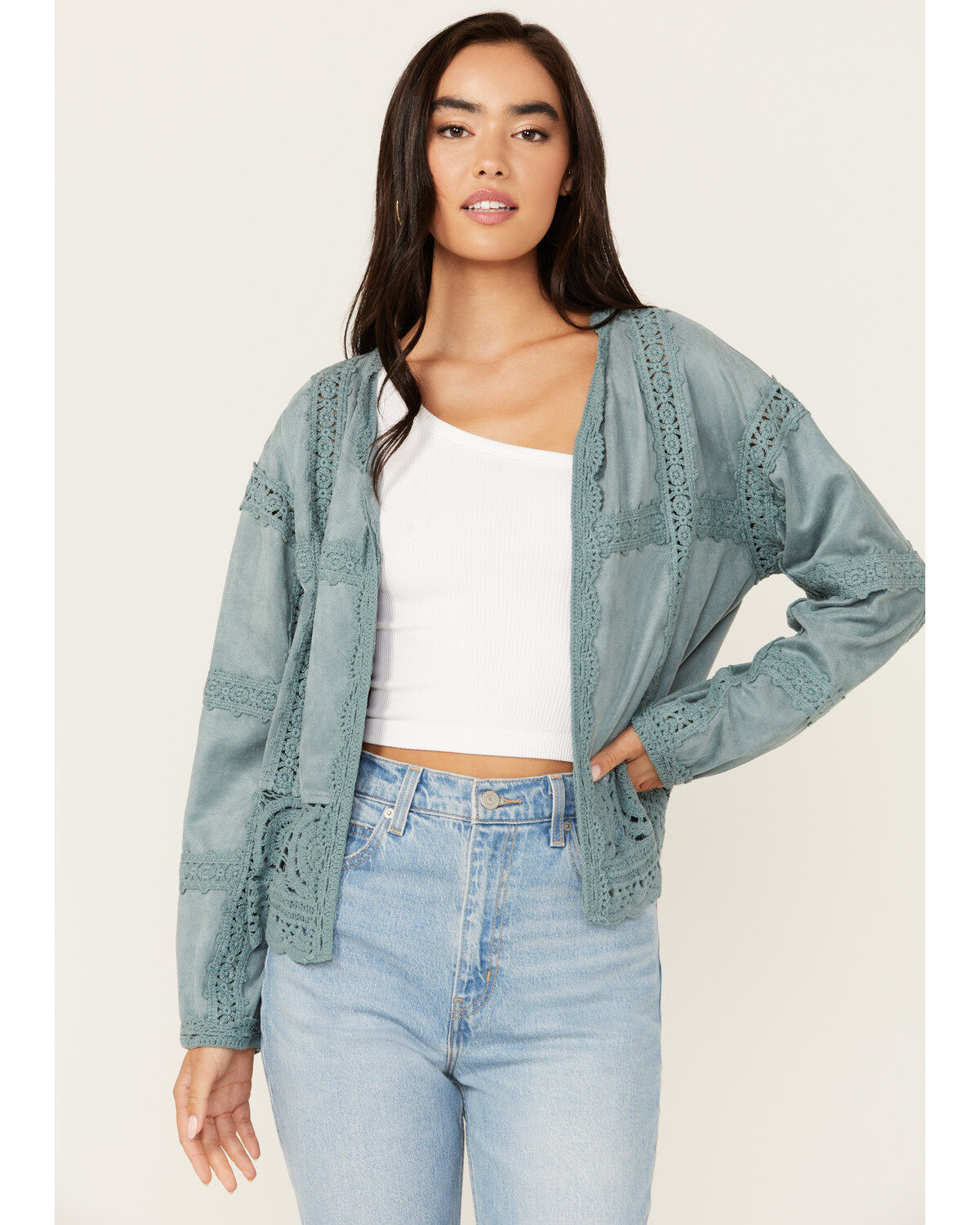 Women's Miss Me Crochet Faux Suede Jacket
