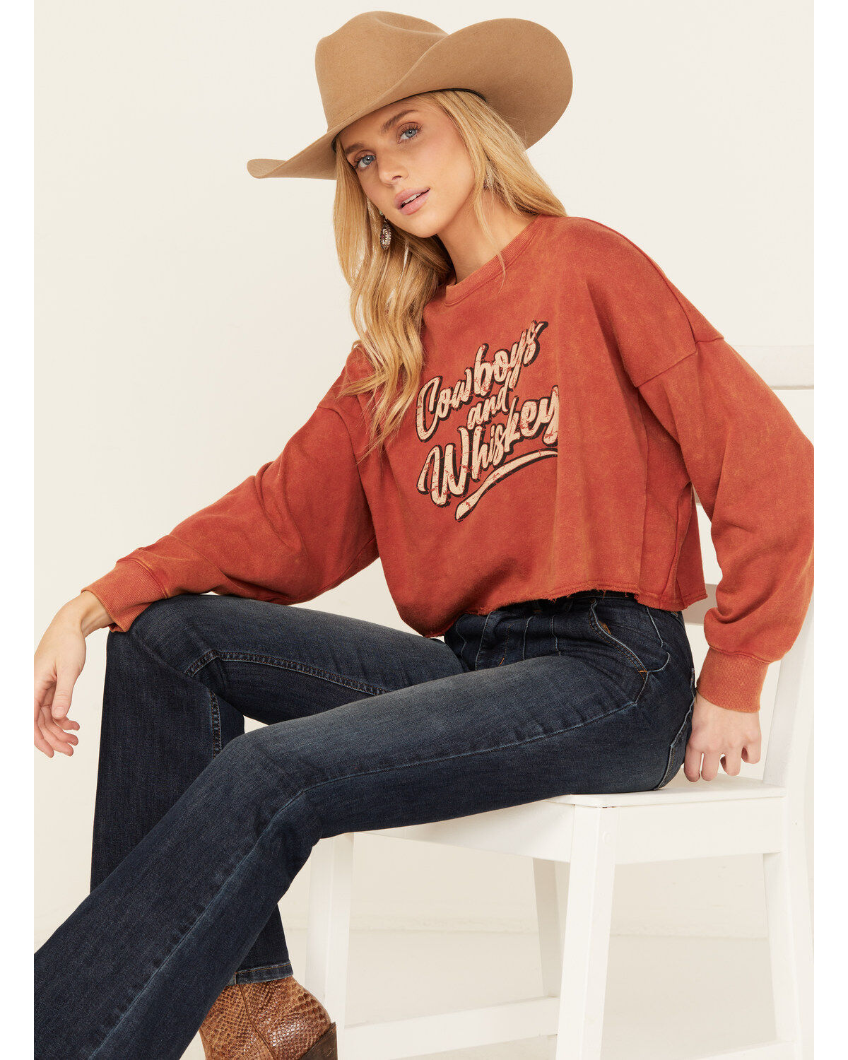 Women's Rock & Roll Denim Cowboys and Whiskey Pullover Sweatshirt
