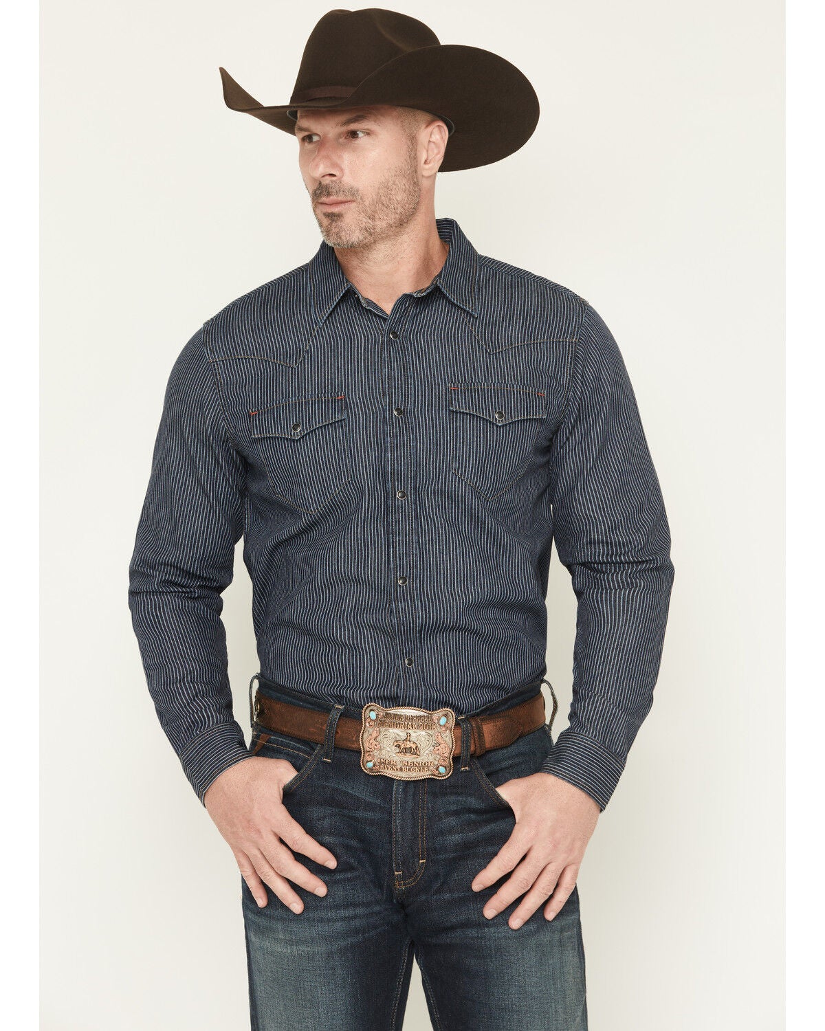 Men's Blue Ranchwear Dark Wash Railroad Striped Print Long Sleeve Snap