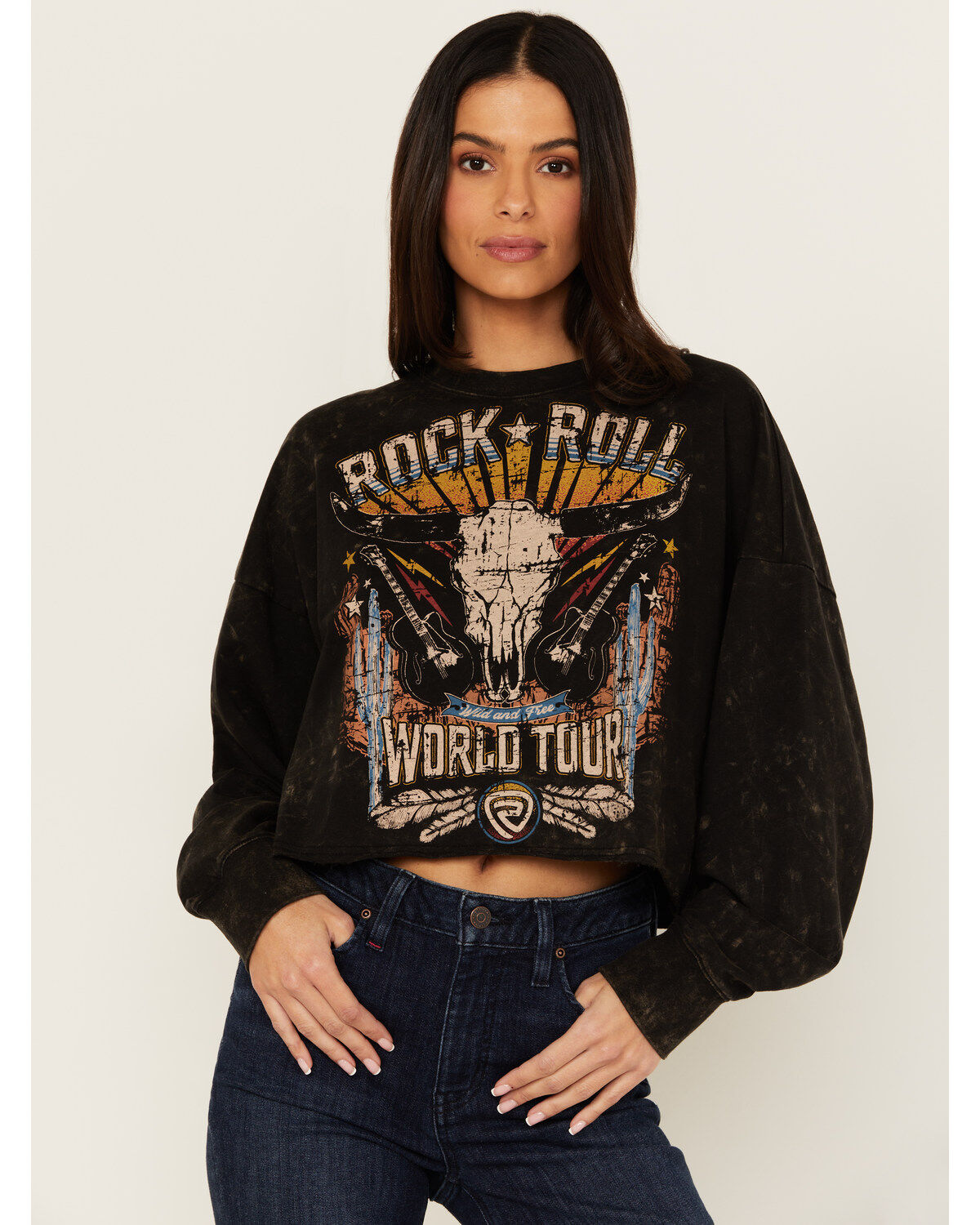 Women's Rock & Roll Denim Steer Head Graphic Long Sleeve Pullover