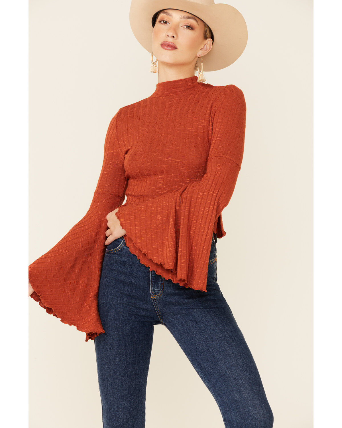 Women's Shyanne Rib Knit Mock Neck Bell Sleeve Top