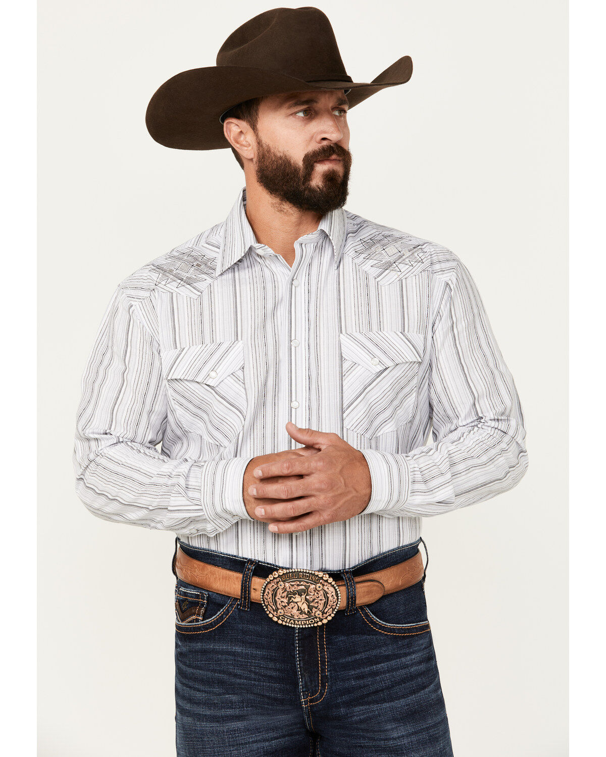Men's Panhandle Rough Stock by Striped Print Long Sleeve Pearl Snap We