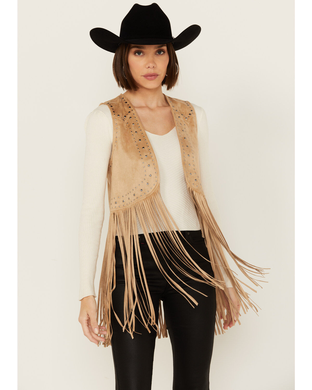 Women's Rock & Roll Denim Studded Fringe Sleeveless Vest