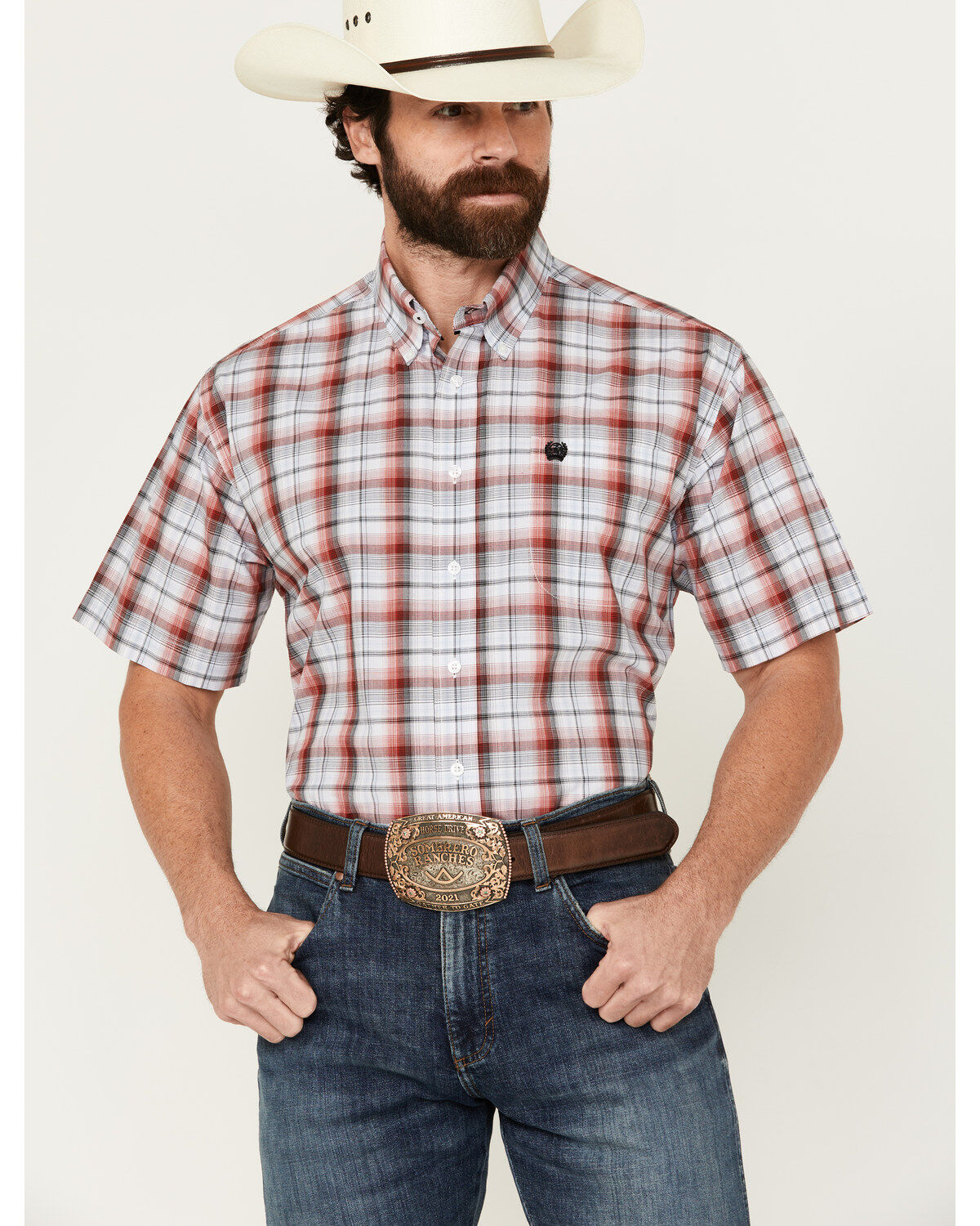 Men's Cinch Plaid Print Short Sleeve Button-Down Western Shirt
