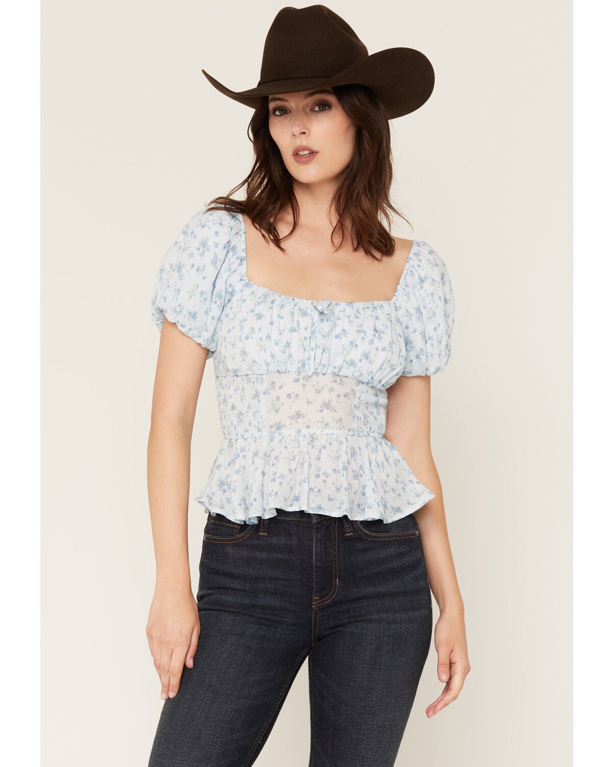 Women's Ash & Violet Ditsy Floral Smocked Short Sleeve Shirt