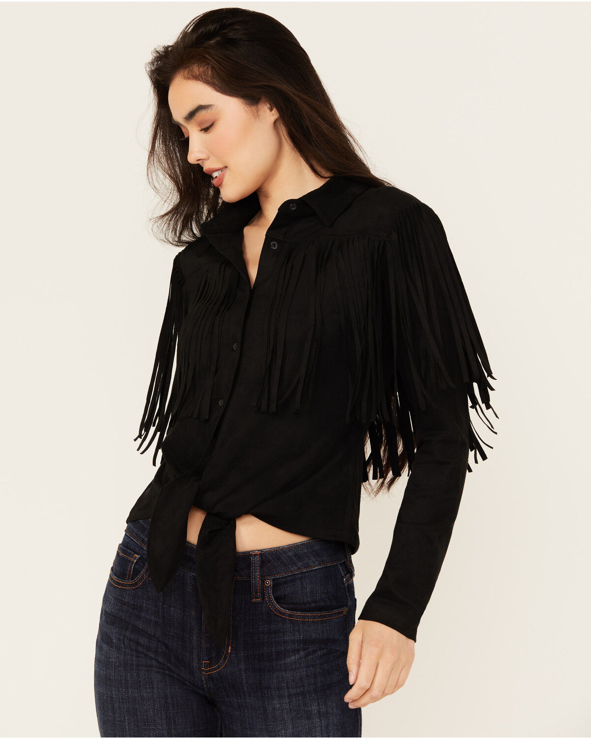 Women's Idyllwind Fate Faux Suede Fringe Long Sleeve Button-Down Tie-F