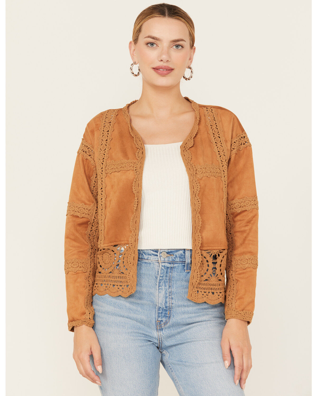 Women's Miss Me Crochet Faux Suede Jacket