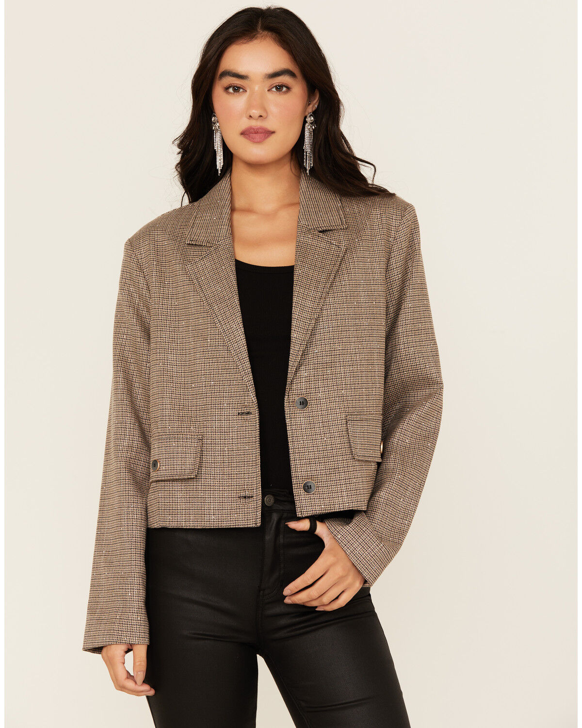 Women's Mystree Plaid Print Rhinestone Cropped Blazer