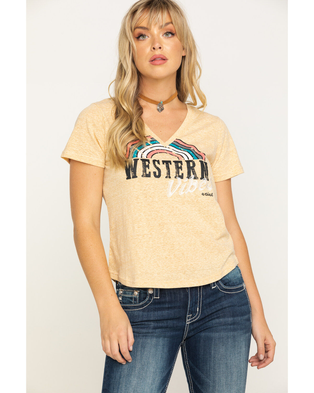 Women's Ariat Mustard Western Vibes V-Neck Graphic Tee
