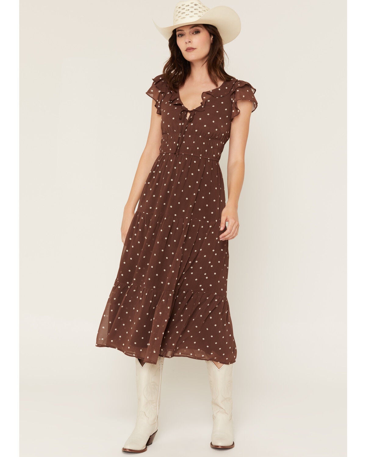 Women's Ash & Violet Polka Dot Ruffle Smocked Waist Midi Dress
