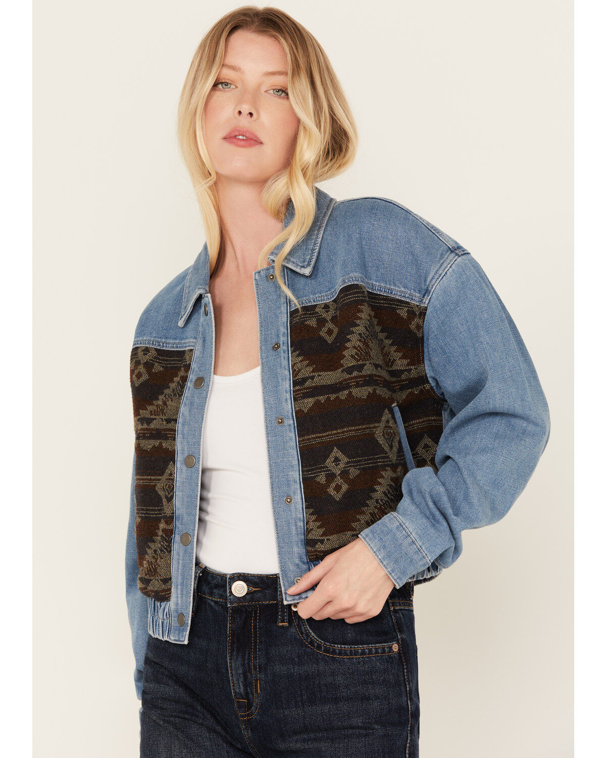 Women's Cleo + Wolf Medium Wash Denim and Blanket Jacket