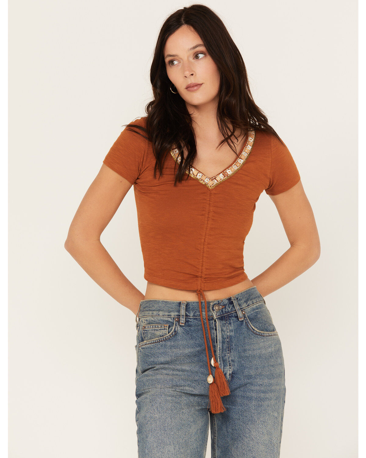 Women's Shyanne Beaded Short Sleeve Front Tie Shirt