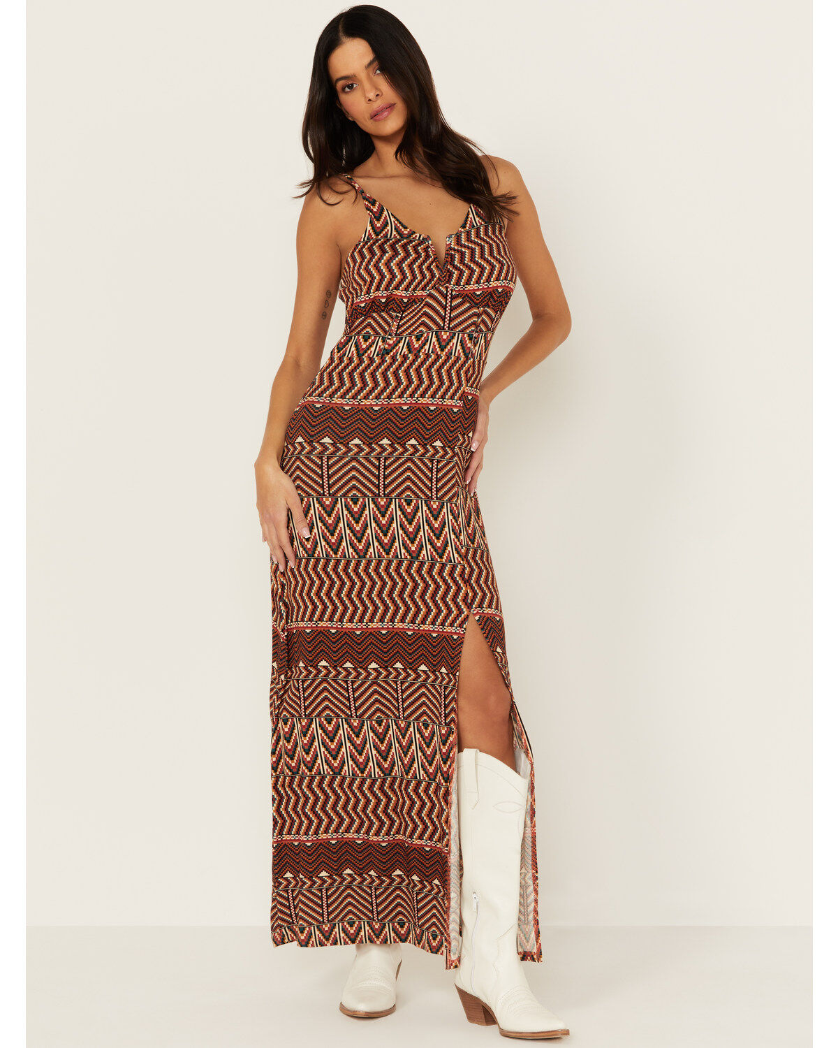 Women's Rock & Roll Denim Sleeveless Geo Print Maxi Dress