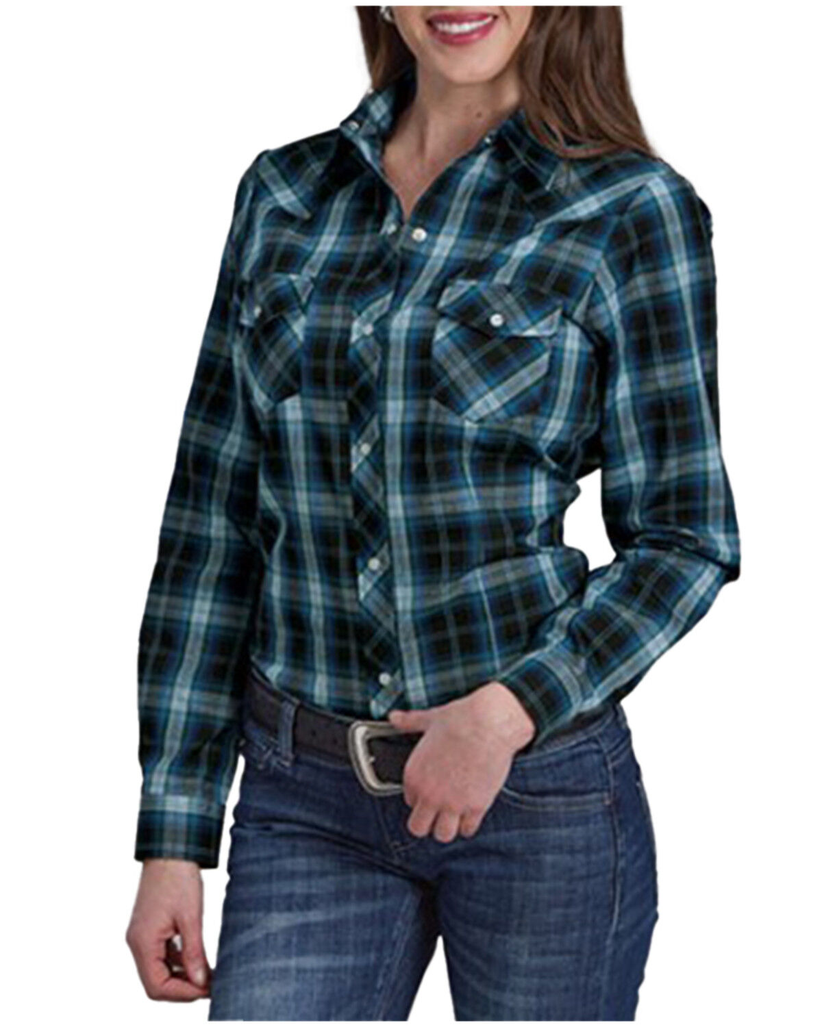 Women's Roper Windowpane Plaid Print Long Sleeve Snap Western Shirt