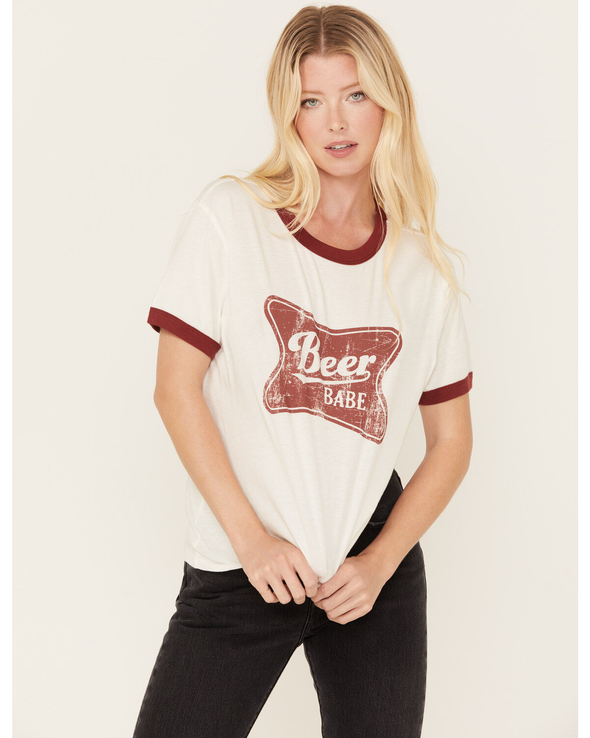 Women's White Crow Beer Babe Graphic Short Sleeve Ringer Tee