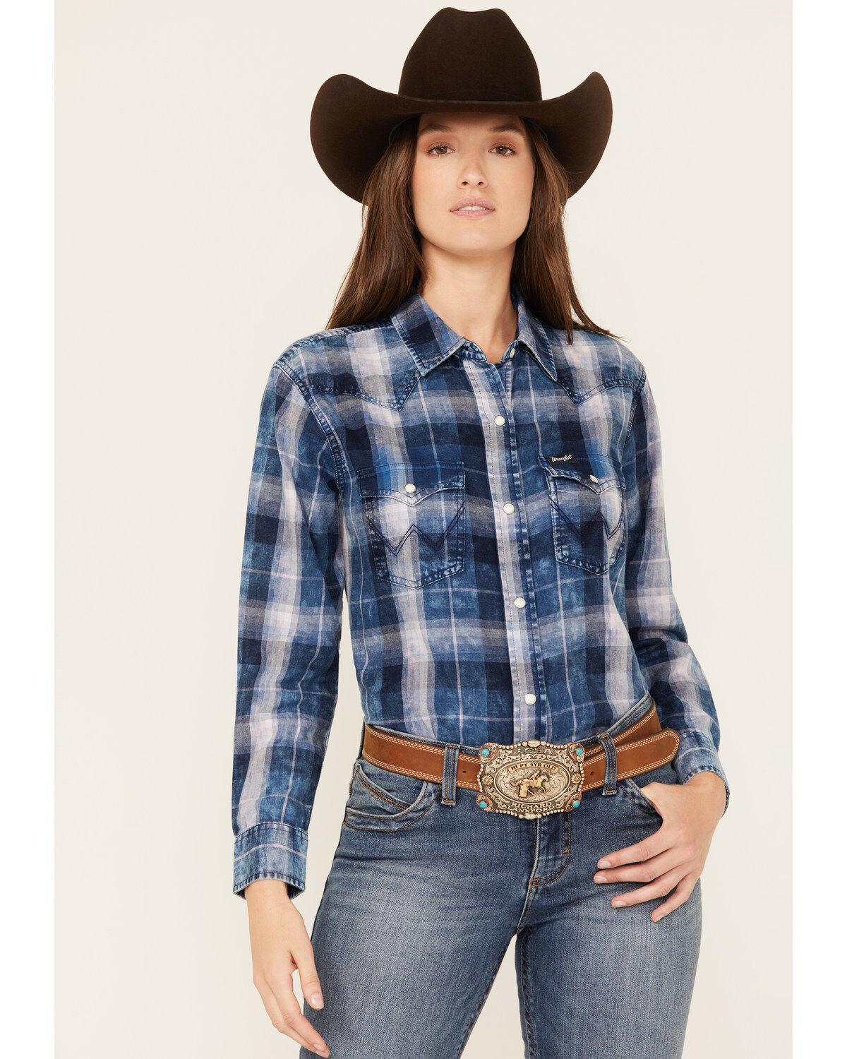 Women's Wrangler Retro Medium Wash Denim Plaid Print Long Sleeve Snap