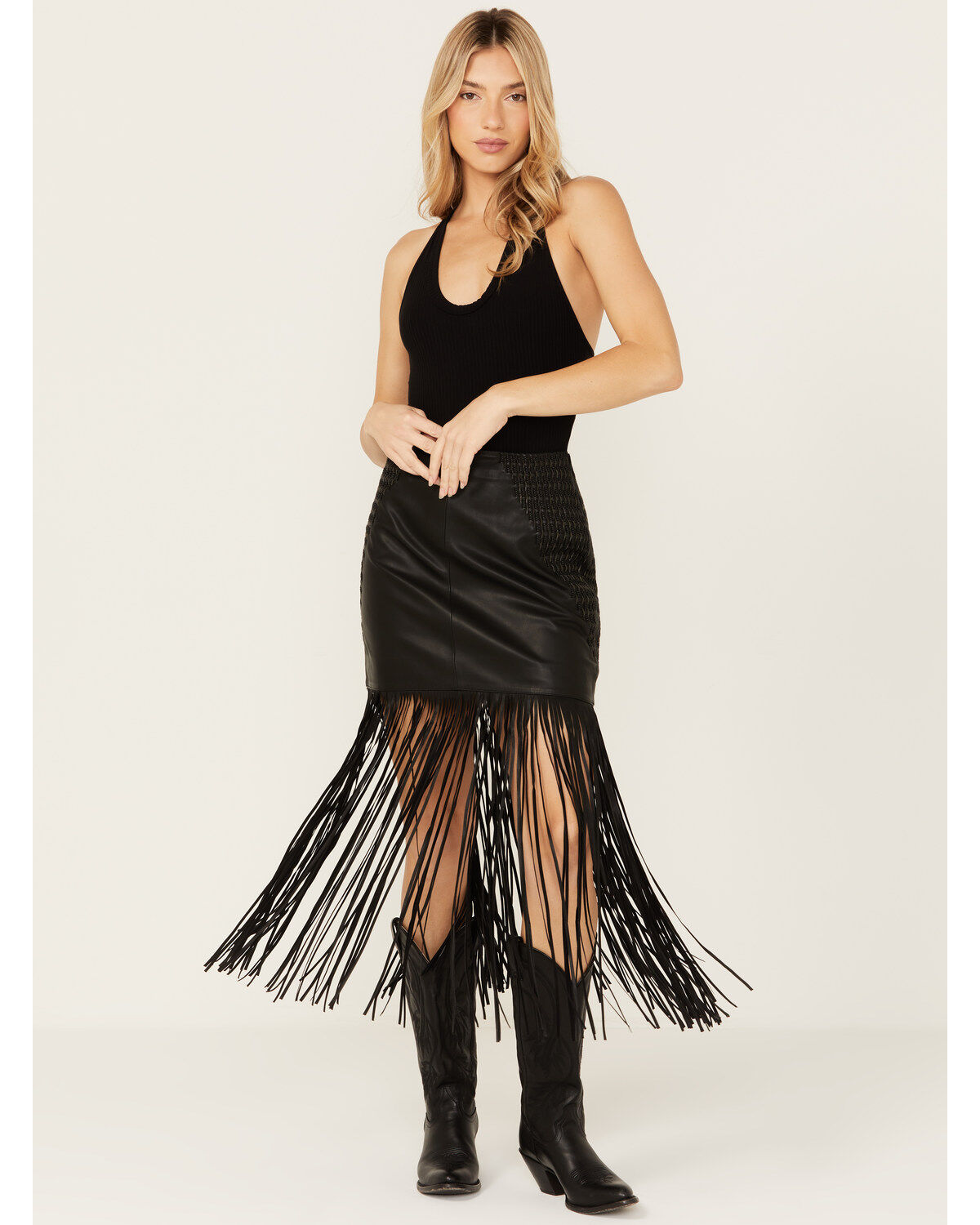 Women's Wonderwest Chain and Braid Fringe Leather Skirt