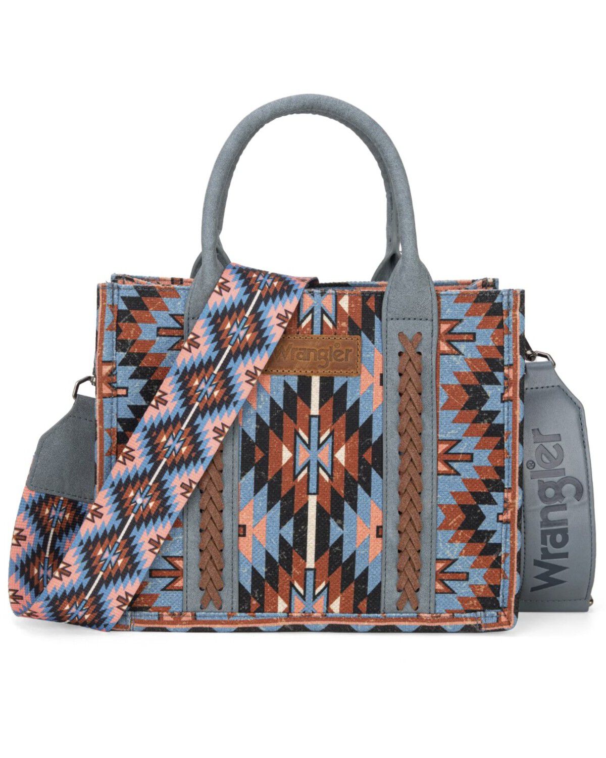 Wrangler Women’s Southwestern Print Crossbody Bag in Navy – Canvas and PU Leather Handbag with Adjustable Strap, 10.5 x 5 x 8.5 Inches