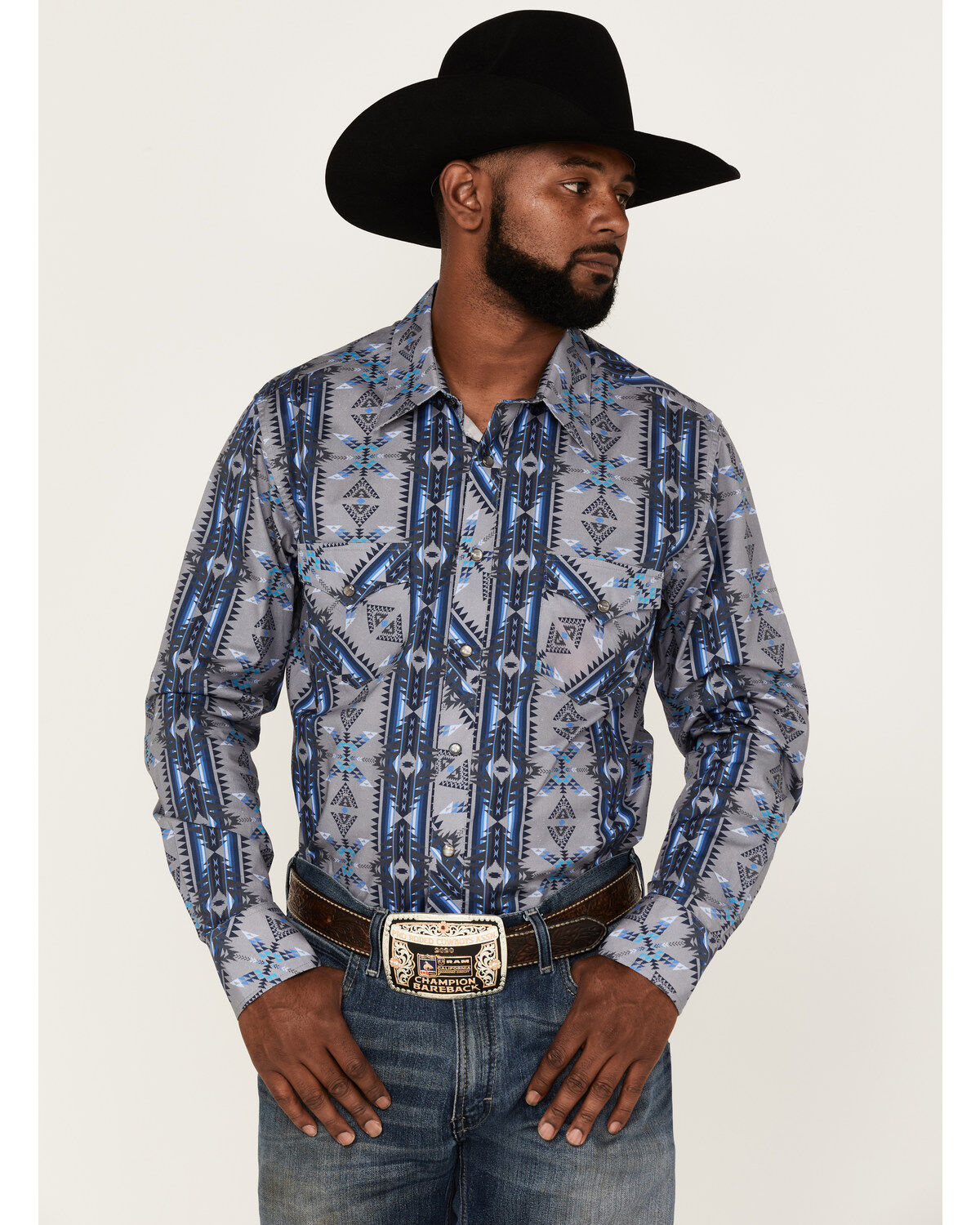 Men's Rock & Roll Denim Vertical Southwestern Stripe Long Sleeve Snap
