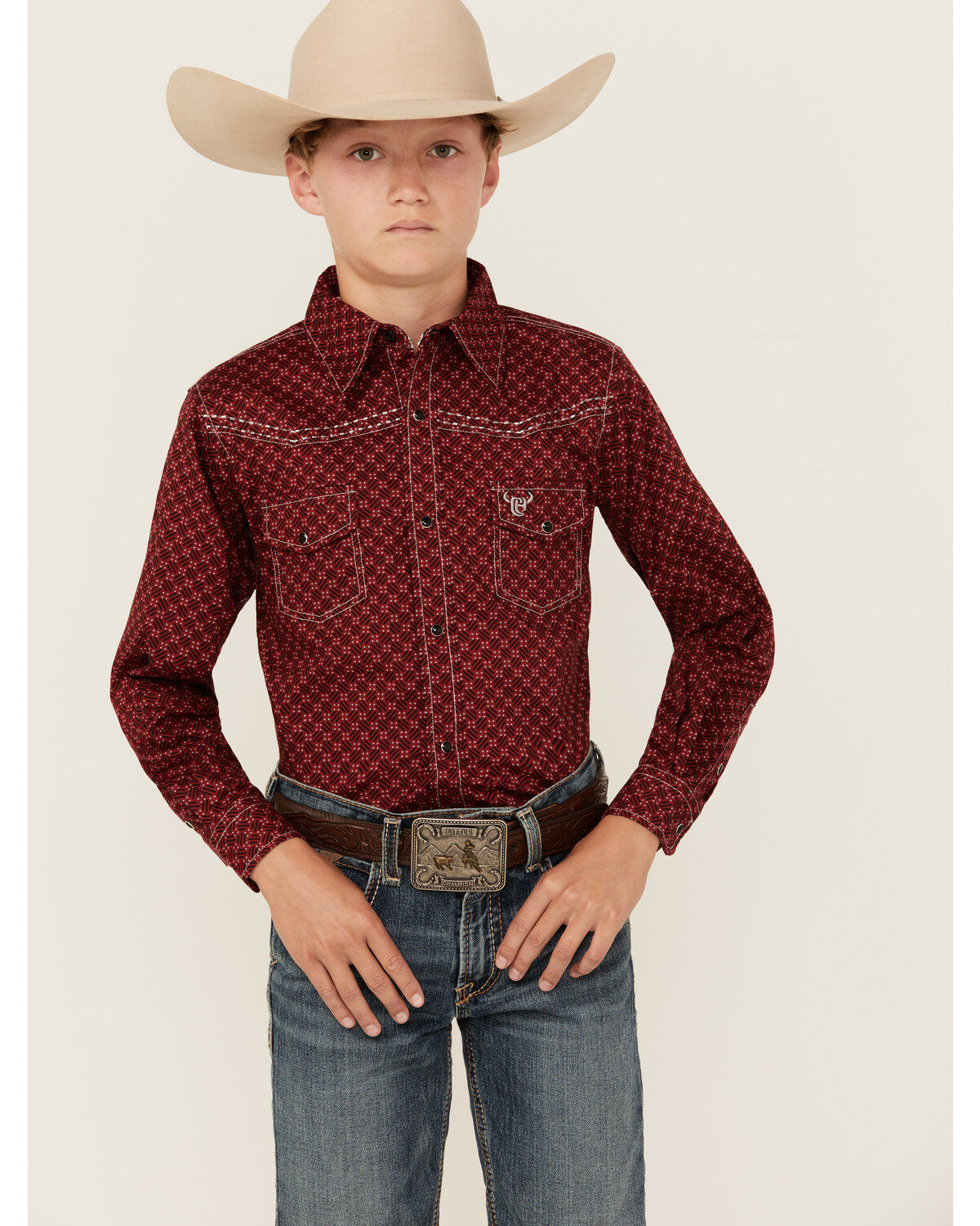 Boys' Cowboy Hardware Geo Print Long Sleeve Snap Stretch Western Shirt