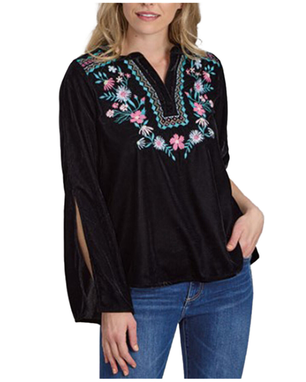 Women's Roper Floral Embroidered Velvet Long Sleeve Blouse