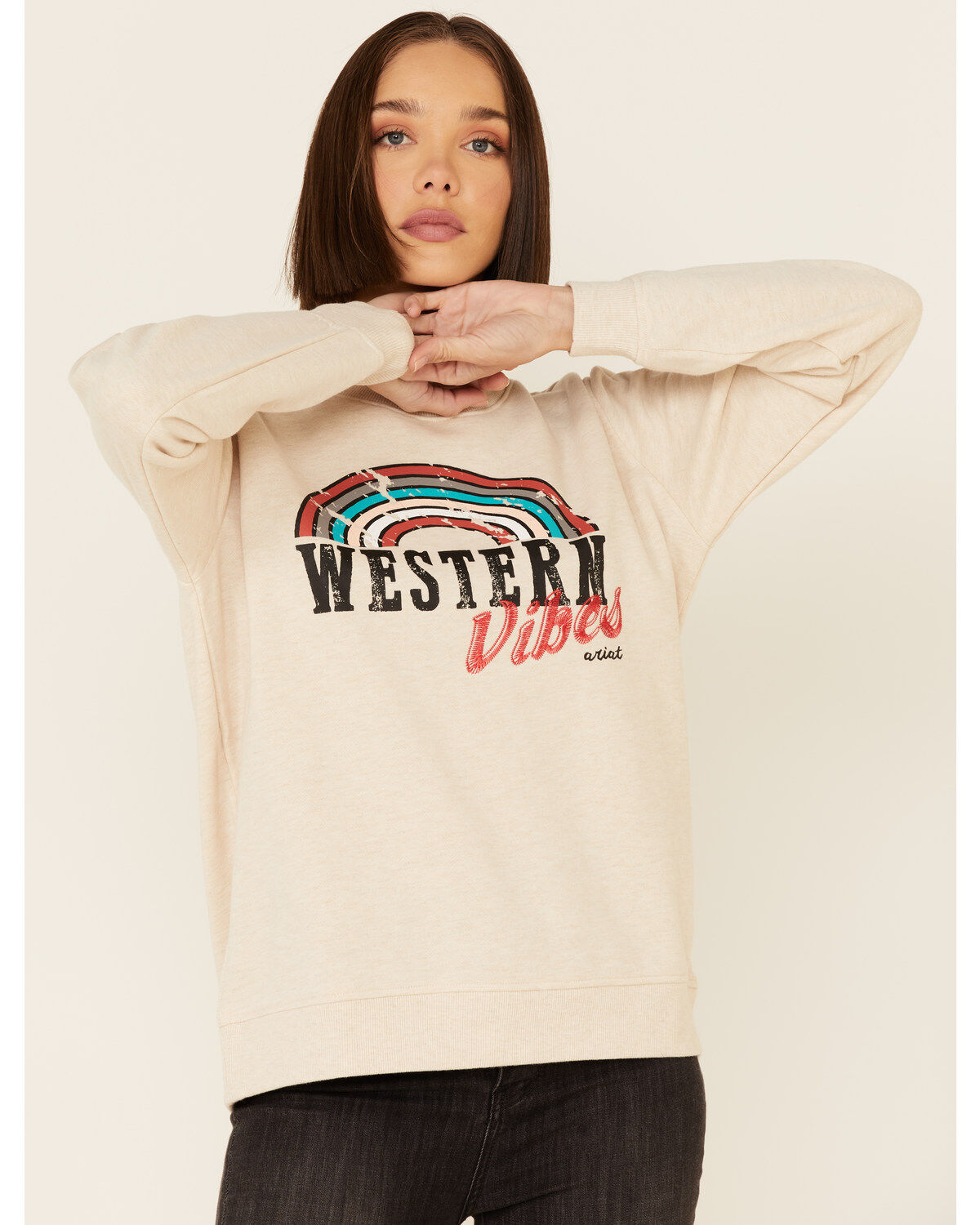 Women's Ariat Heather Oatmeal Western Vibes Graphic Long Sleeve Top