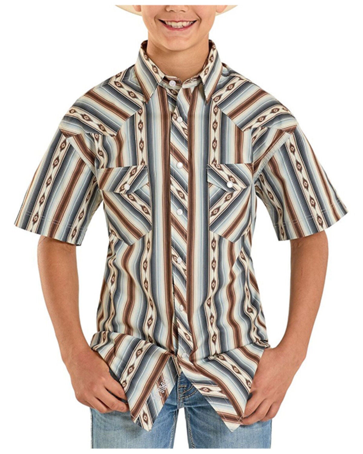 Boys' Rock & Roll Denim Striped Short Sleeve Pearl Snap Western Shirt