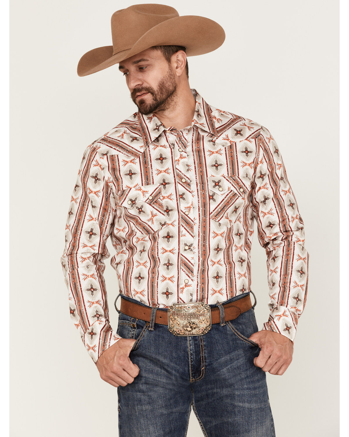 Men's Rock & Roll Denim Vertical Southwestern Stripe Long Sleeve Snap