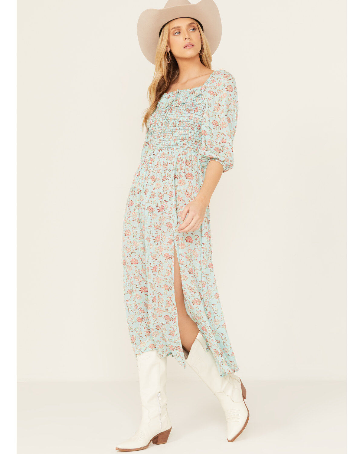 Women's Rock & Roll Denim Floral Boho Midi Dress