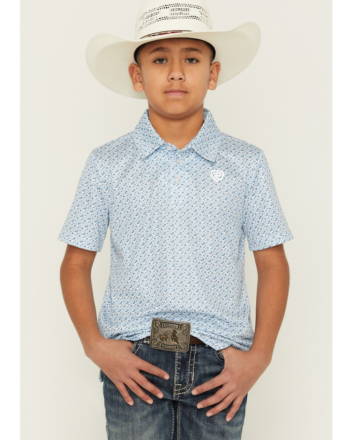 Boys' Rock & Roll Denim Geo Print Short Sleeve Button-Down Polo