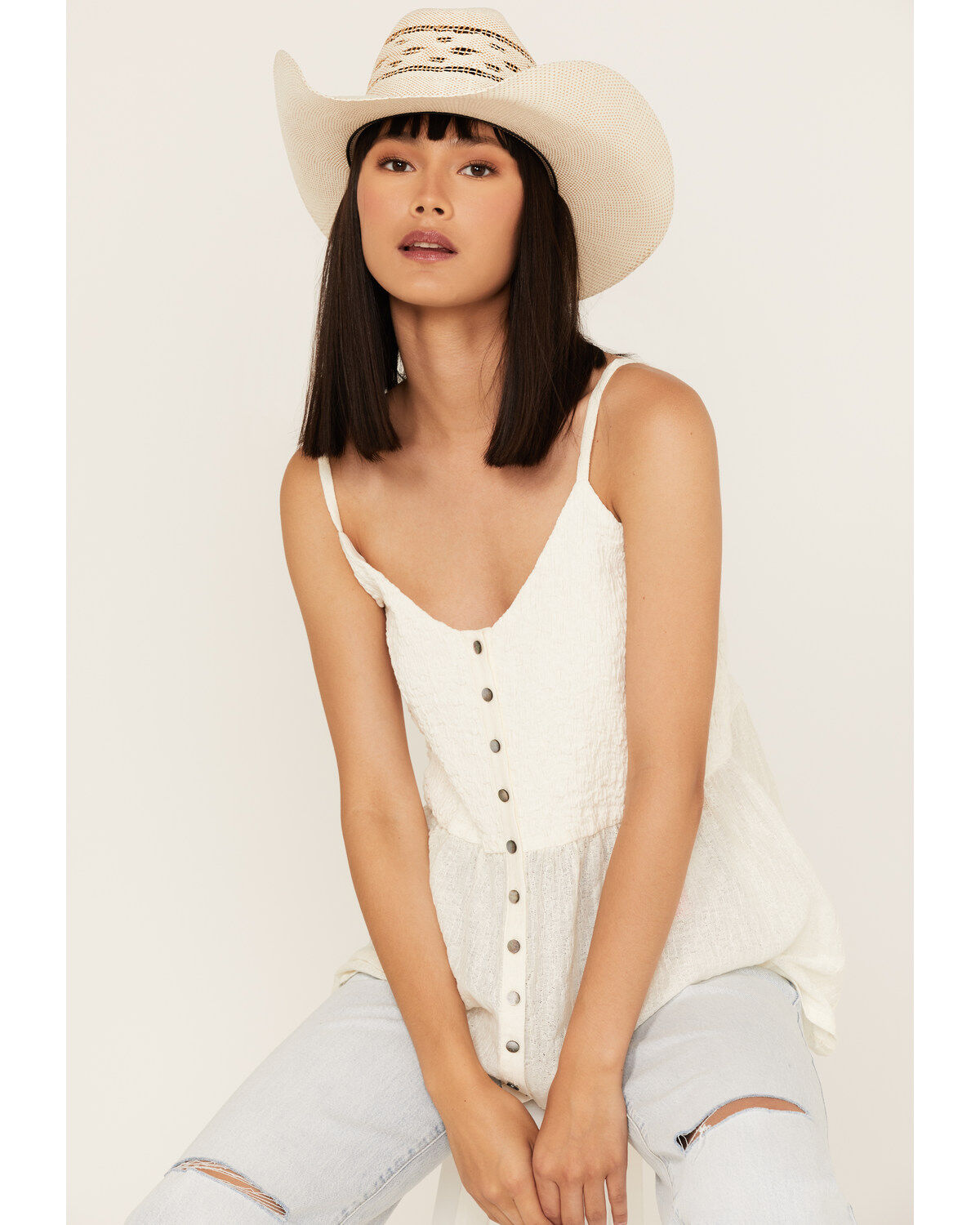 Women's Cleo + Wolf Smocked Button Front Woven Tank Top