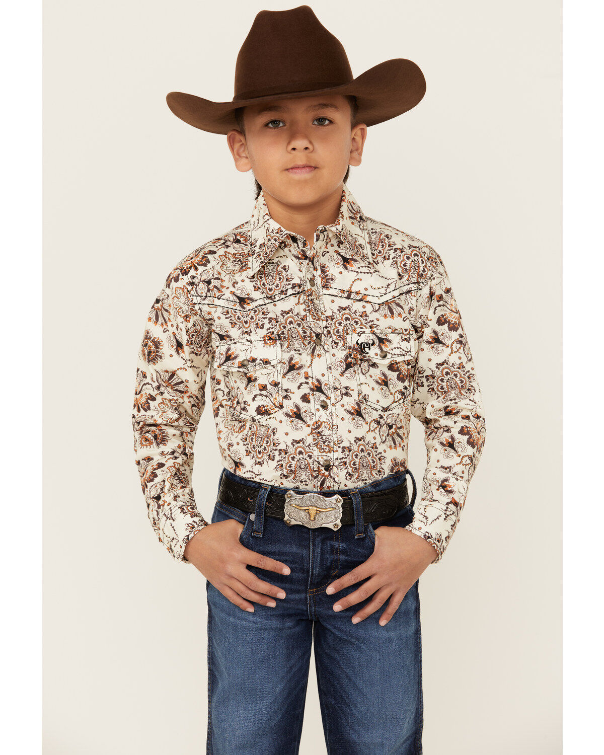Boys' Cowboy Hardware Peacock Paisley Print Long Sleeve Snap Western S