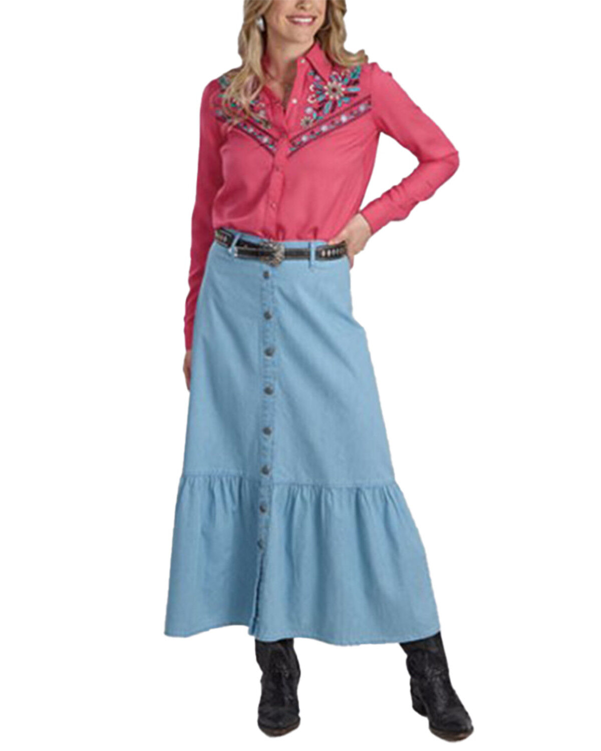 Women's Roper Light Wash Button-Down Midi Denim Skirt