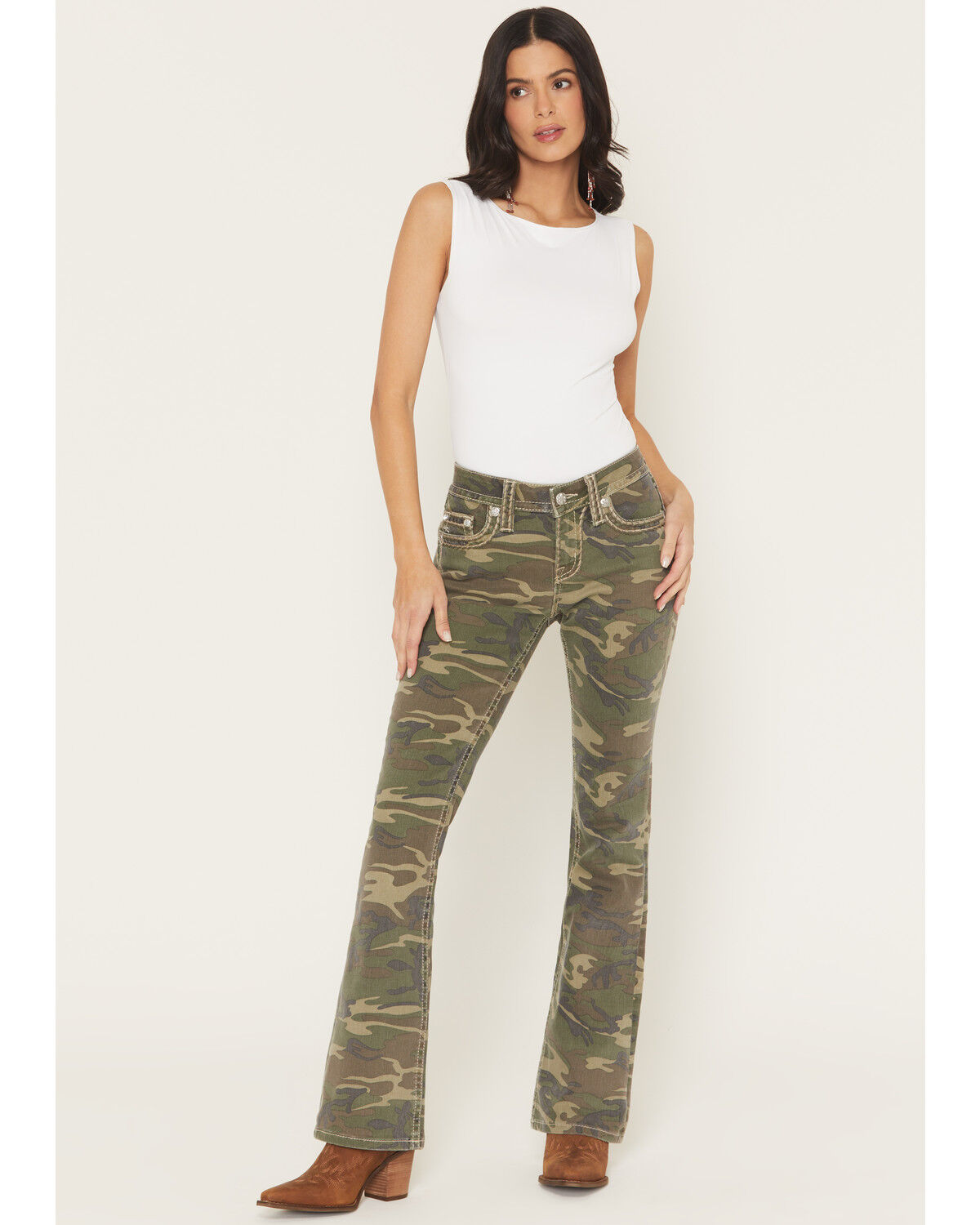The product is green pants, specifically a green camo print bootcut jean, which is relevant to the keyword.
