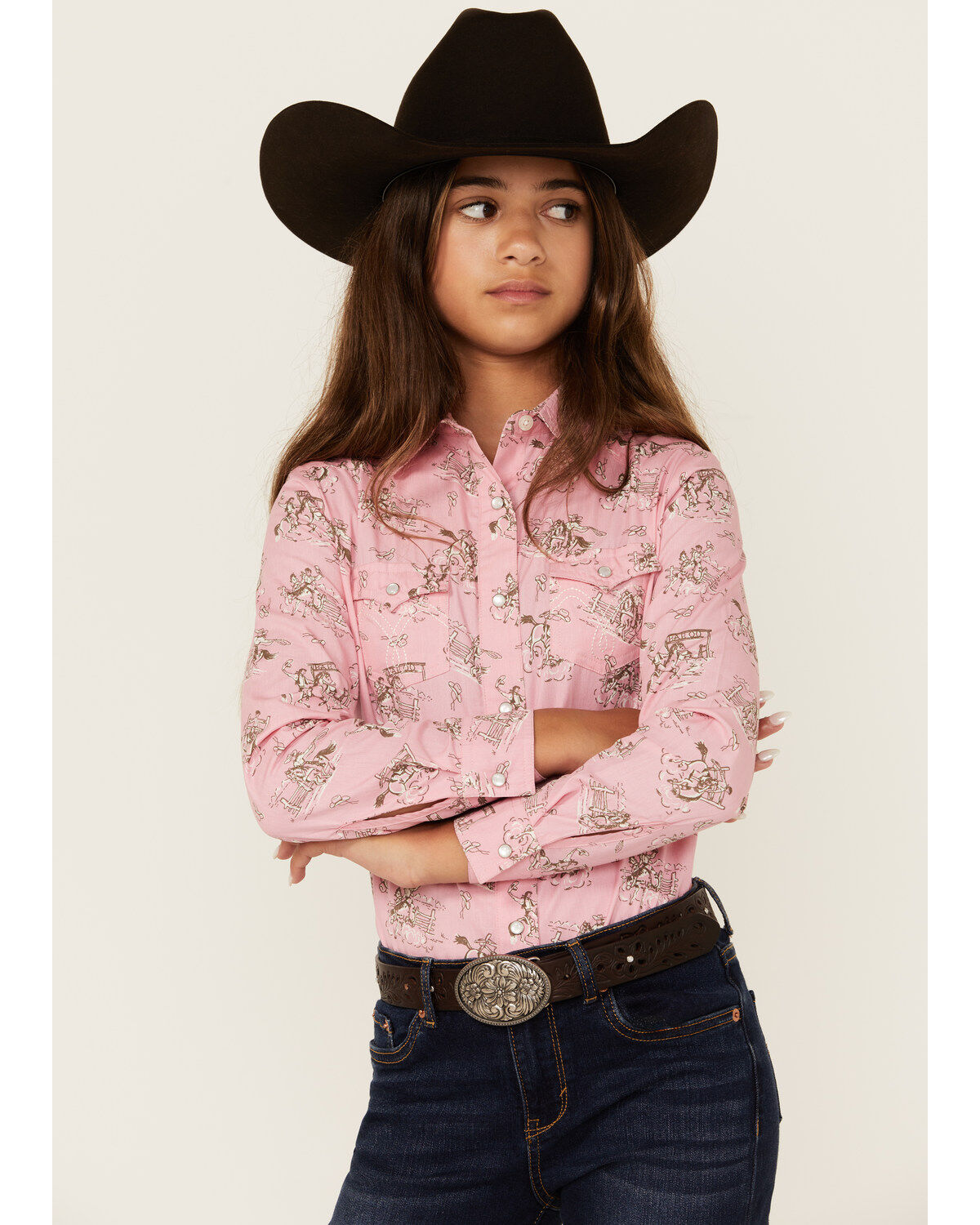Girls' Panhandle Rodeo Print Long Sleeve Pearl Snap Western Shirt