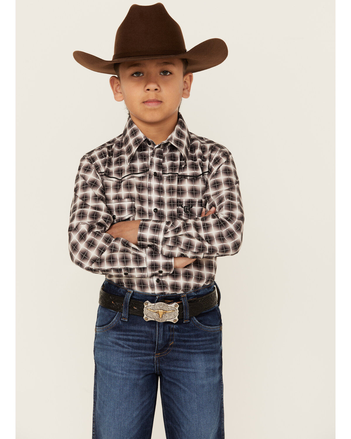 Boys' Cowboy Hardware Plaid Print Long Sleeve Snap Stretch Western Shi