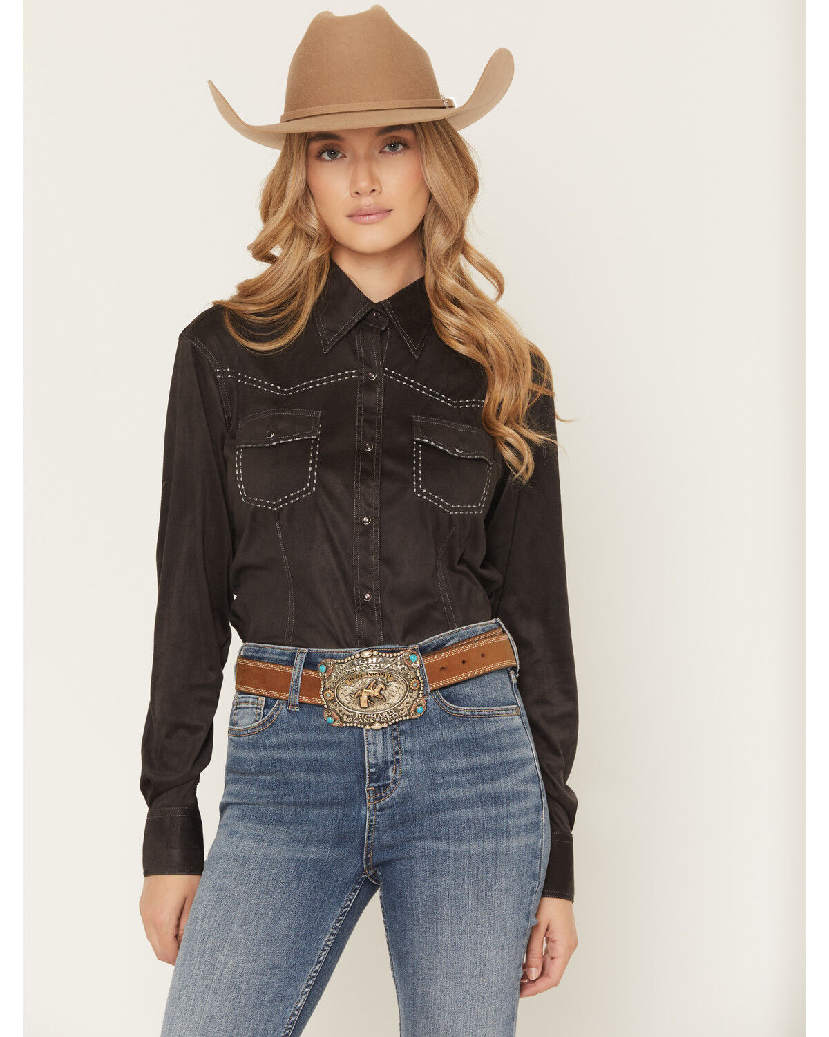 Girls' Cowgirl Hardware Faux Suede Long Sleeve Pearl Snap Stretch West