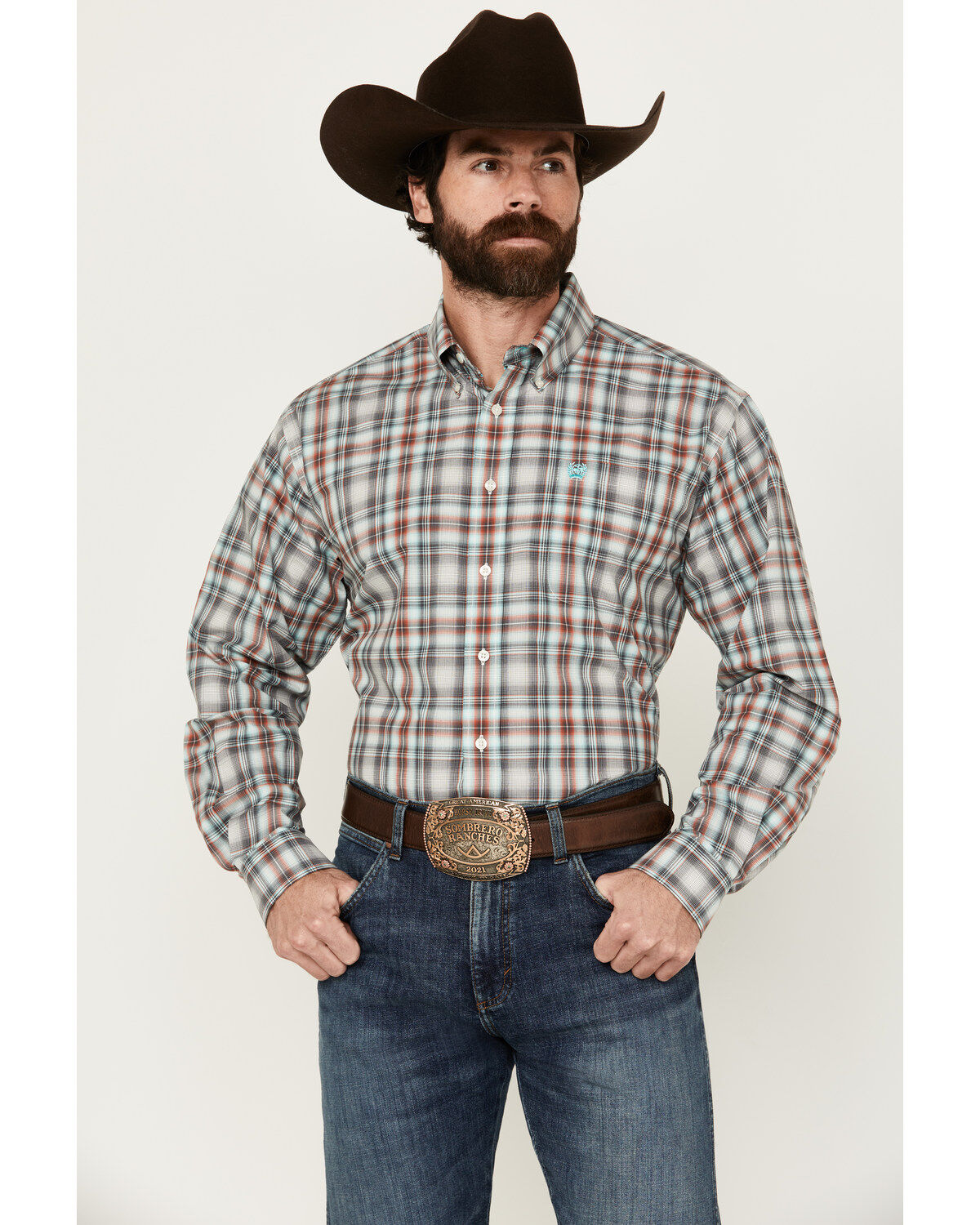 Men's Cinch Plaid Print Long Sleeve Button-Down Western Shirt