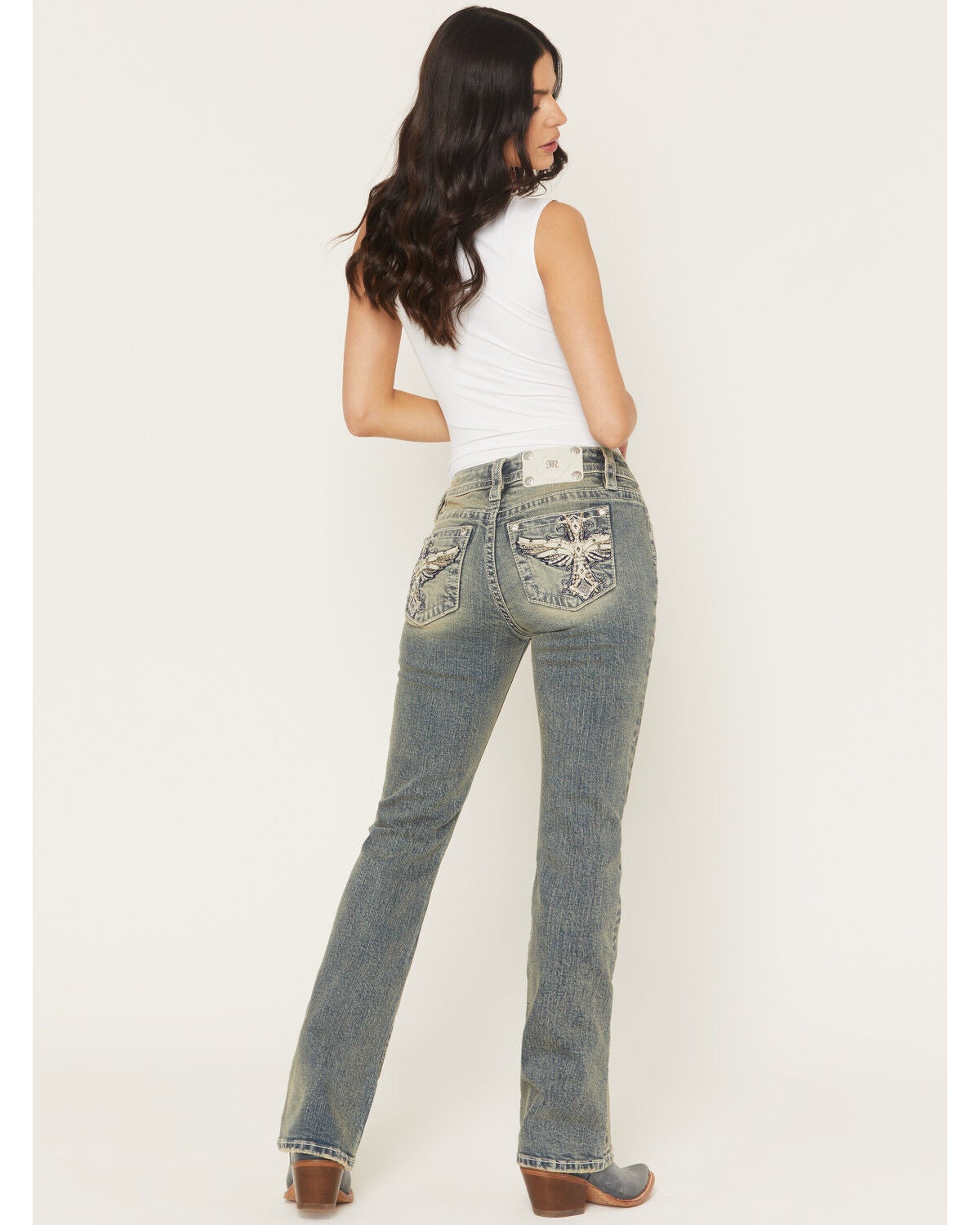 Women's Miss Me Dark Wash Mid Rise Winged Pocket 32" Bootcut Stretch D
