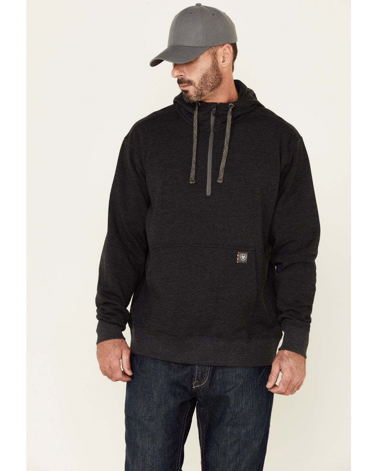 Men's Ariat Charcoal Rebar Workman 1/4 Zip Front Work Hooded Pullover