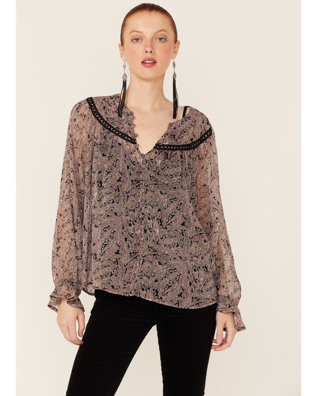 Women's Lovestitch Black Orchid Long Sleeve Lace Trim Peasant Blouse