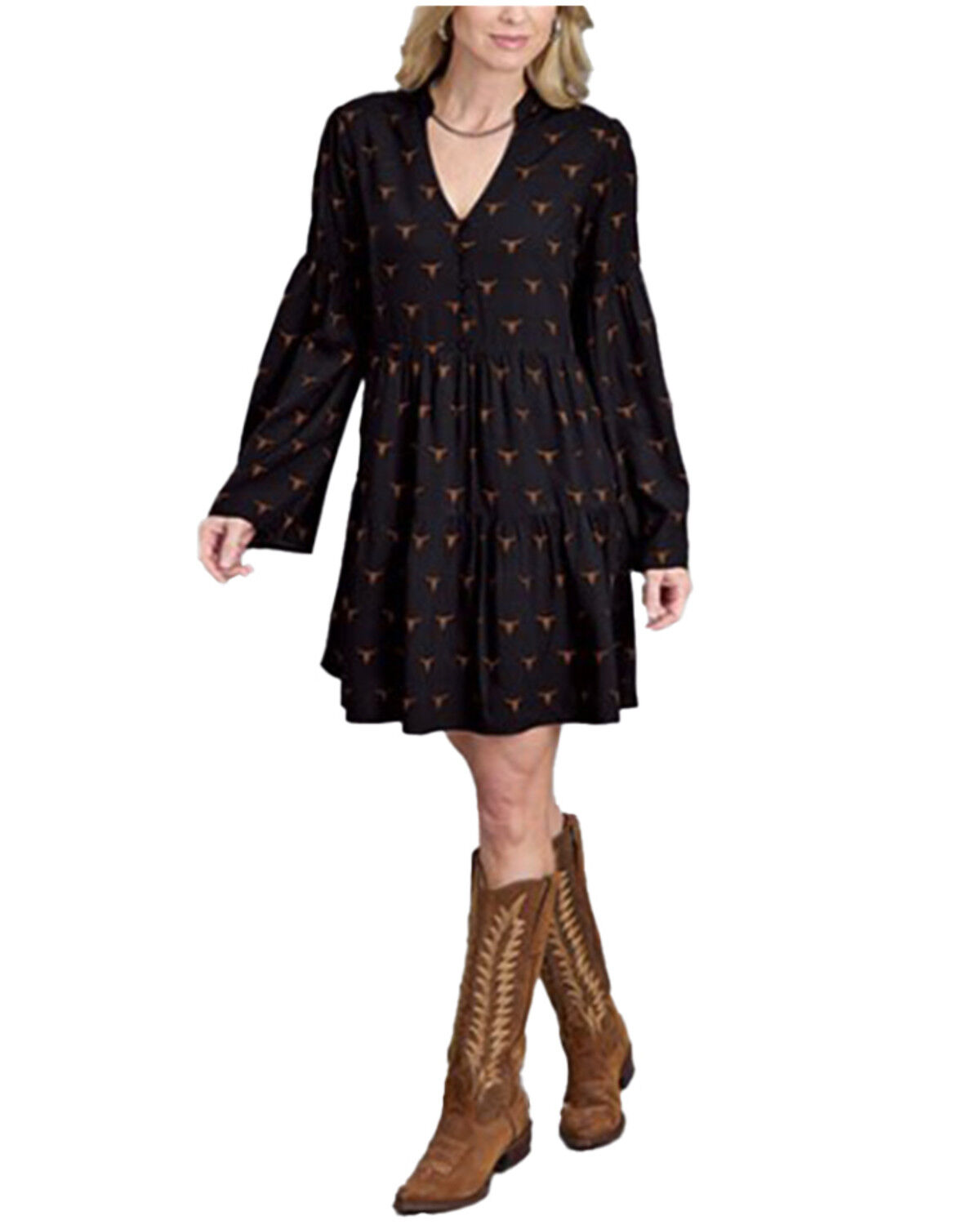 Women's Stetson Steer Head Print Long Sleeve Midi Dress