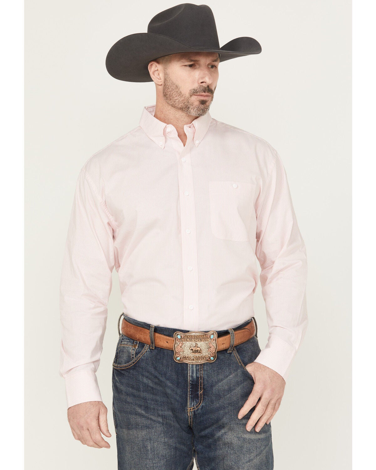 Men's Wrangler Bucking Cancer Striped Long Sleeve Button-Down Western