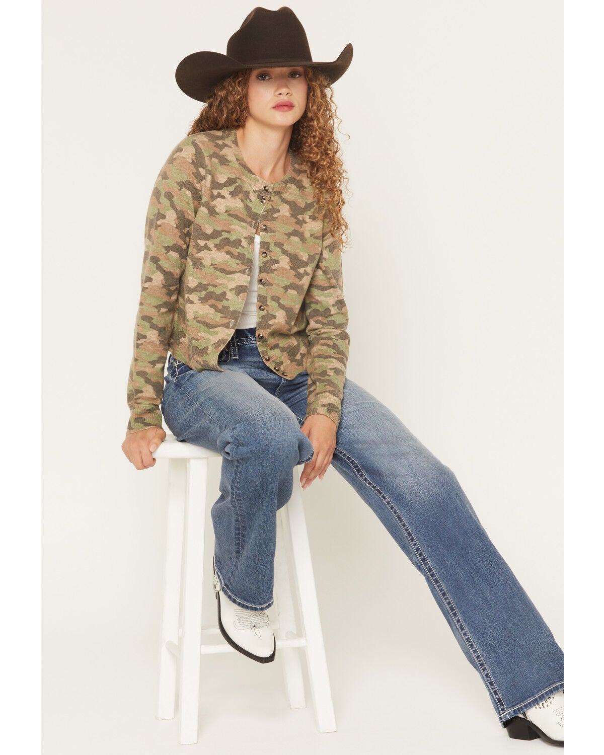 Women's Miss Me Camo Print Button-Down Sweater