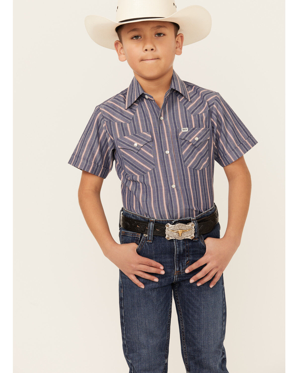 Boys' Ely Walker Dobby Striped Short Sleeve Pearl Snap Western Shirt