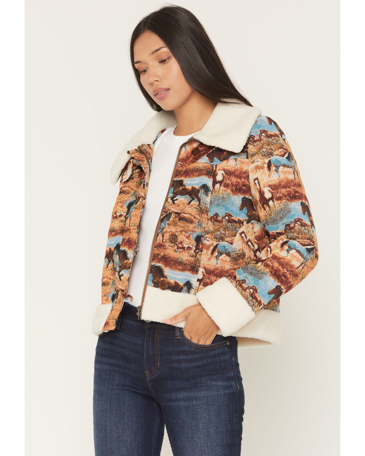 Women's Rock & Roll Denim Tapestry Sherpa Jacket