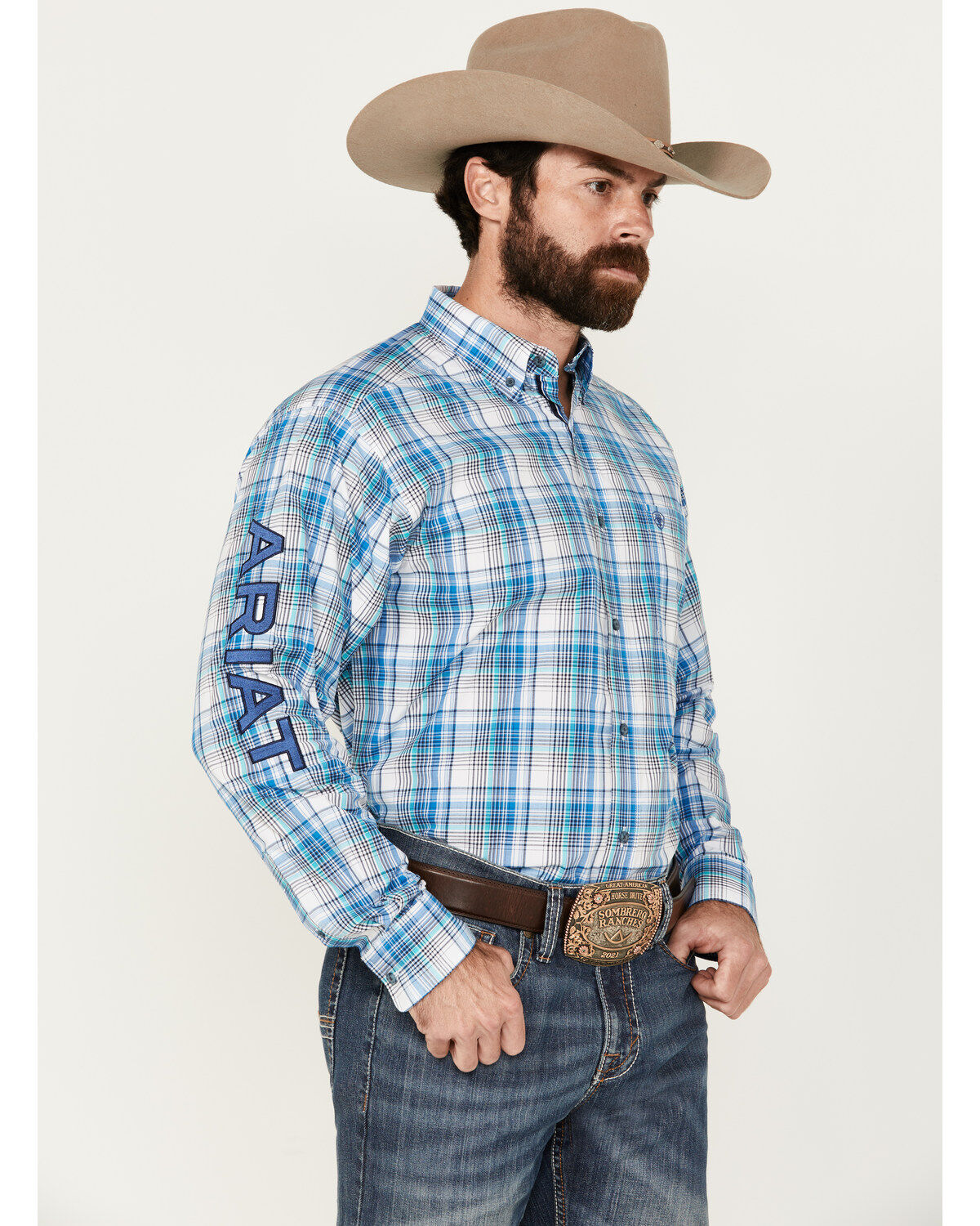 Men's Ariat Pro Series Griffin Team Logo Plaid Print Long Sleeve Butto