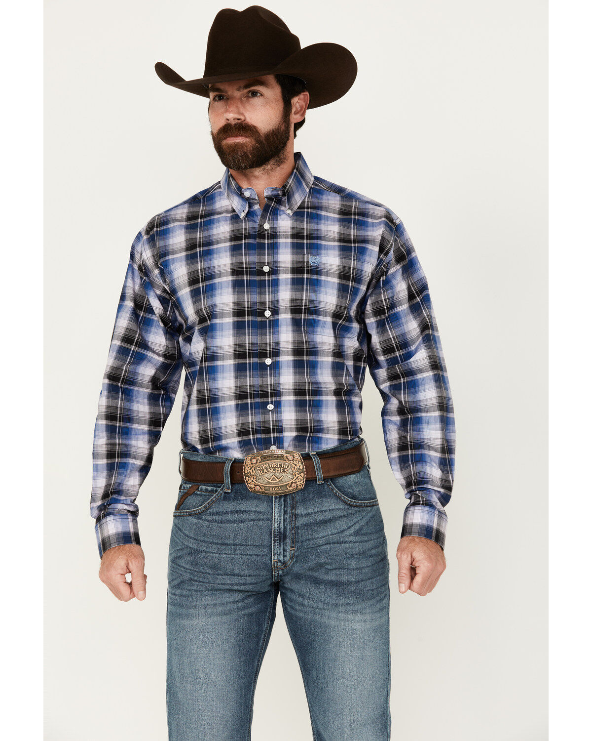Men's Cinch Plaid Print Long Sleeve Button-Down Western Shirt