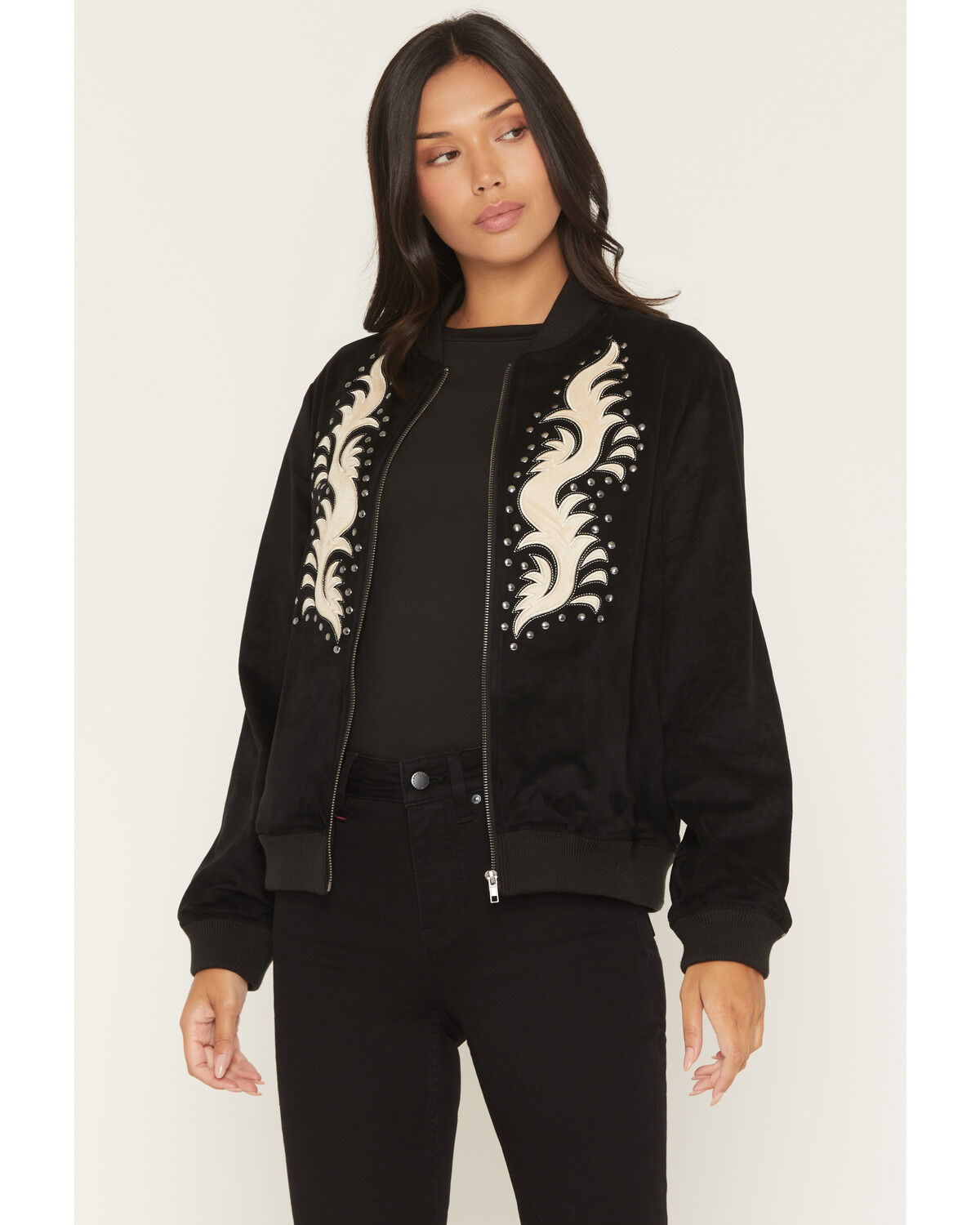 Women's Rock & Roll Denim Microsuede Studded Bomber Jacket