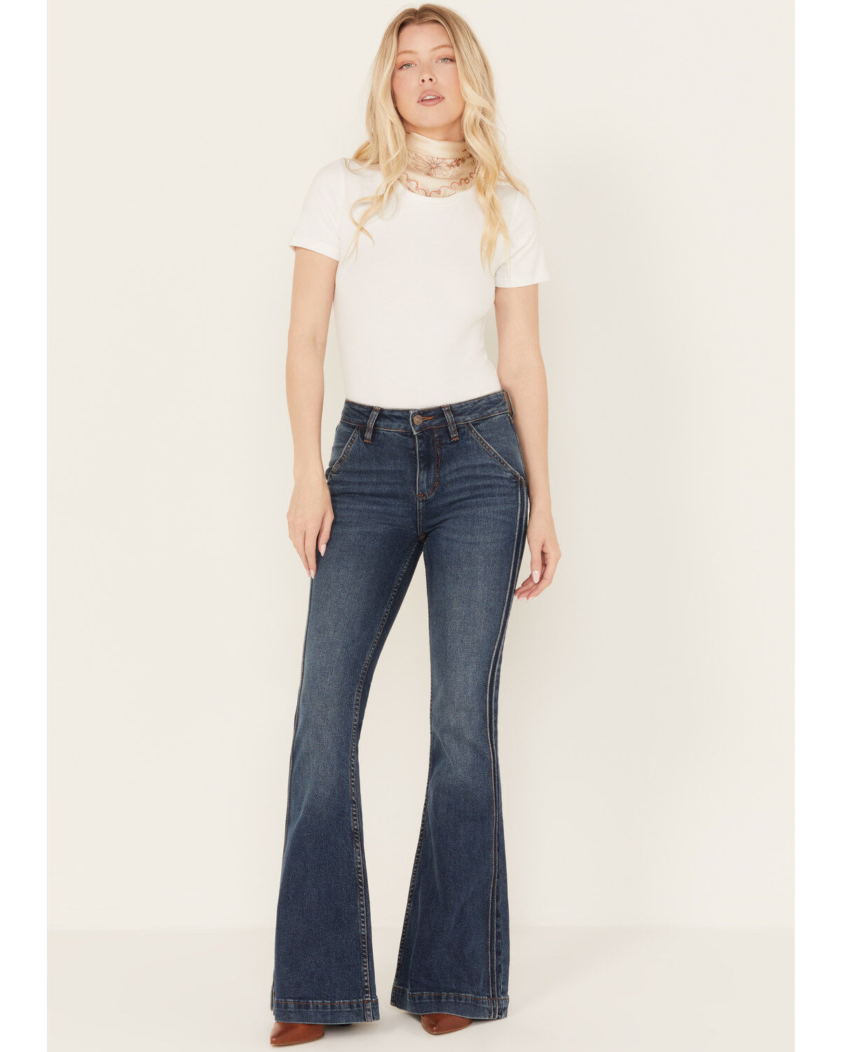 Women's Shyanne Gold Barrel Dark Wash High Rise Pintuck Flare Jeans